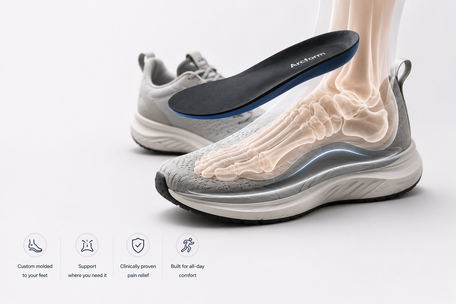 Custom orthotic insole being placed into a running shoe, with an X-ray view showing foot bone alignment and arch support